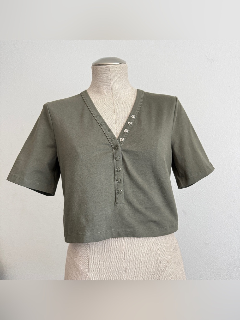 alexanderwang.t Compact Jersey Snap Crop Top | Olive/Army | Size L NWT